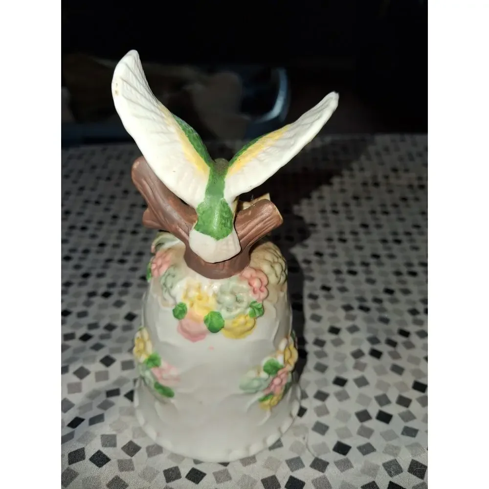Vintage Bisque Porcelain Hummingbird Bell Figurine Flowers